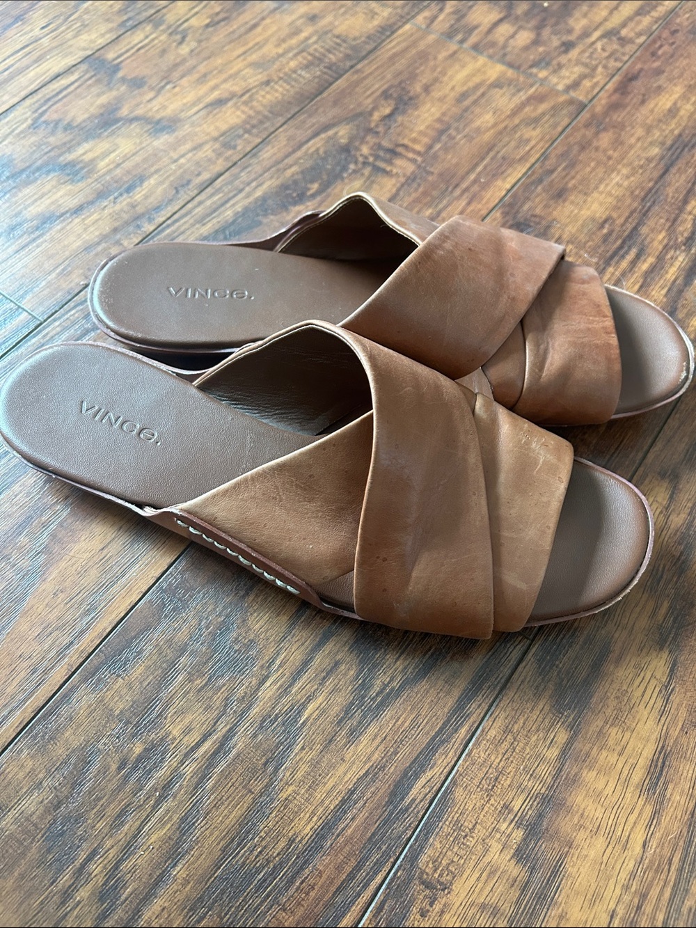 VINCE brown cognac leather criss cross slide sandal mules